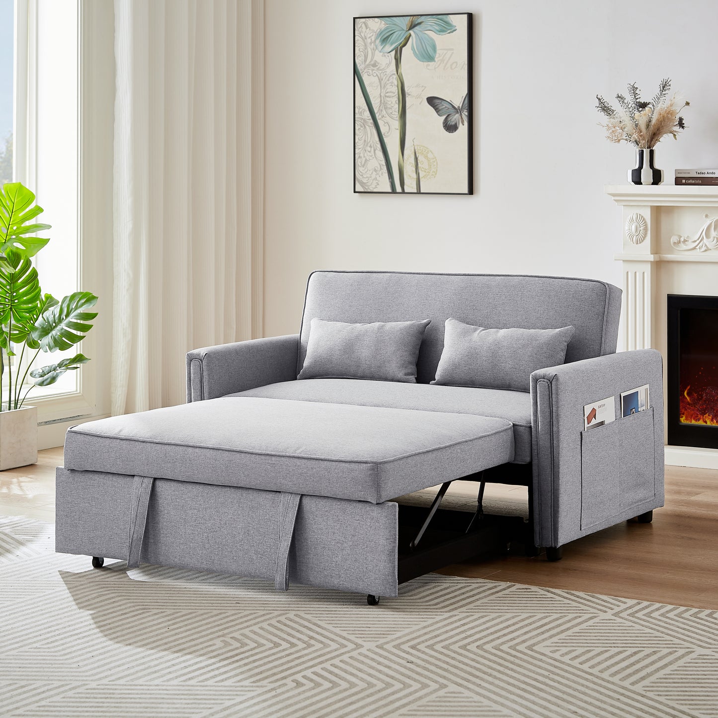 Modern Linen Convertible Loveseat Sleeper Sofa Couch with Adjustable Backrest, 2 Seater Sofa With Pull-Out Bed with 2 Lumbar Pillows For Small Living Room & Apartment