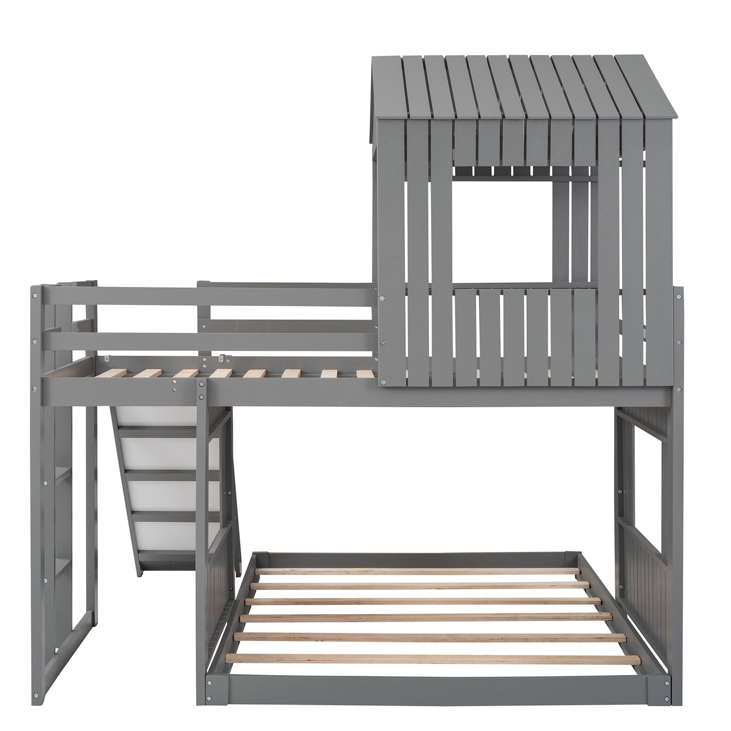 Playhouse Twin Over Full Bunk Bed with Ladder, Slide & Guardrails - Gray Wood, LT000028AAN