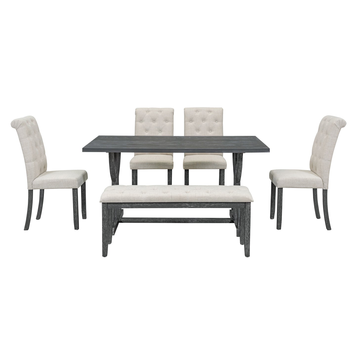 TREXM 6-Piece Retro Rectangular Dining Table Set, Table with Unique Legs and 4 Upholstered Chairs & 1 Bench for Dining Room and Kitchen (Gray Wash)