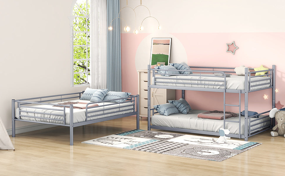 Full-Full-Full Metal  Triple Bed  with Built-in Ladder, Divided into Three Separate Beds,Gray