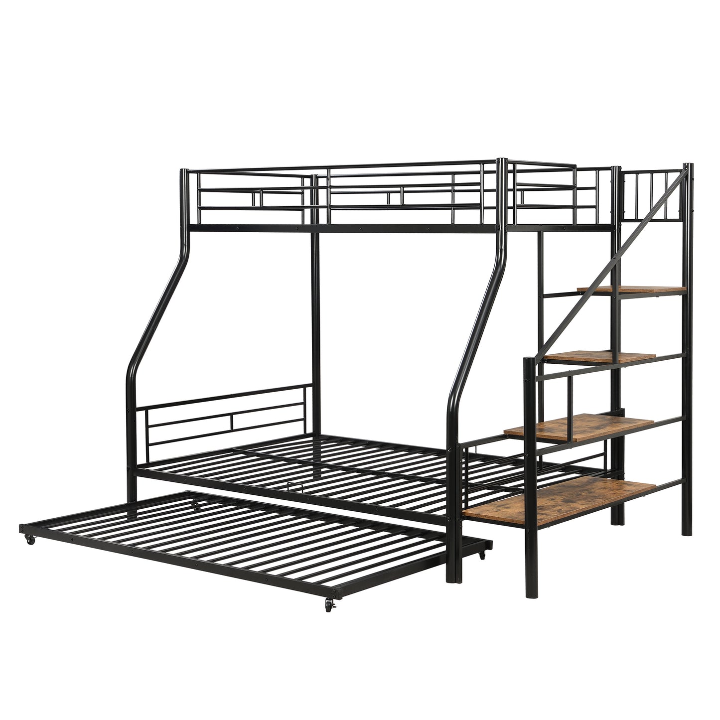 Black Metal Bunk Bed with Storage Staircase and Trundle - Twin over Full Size