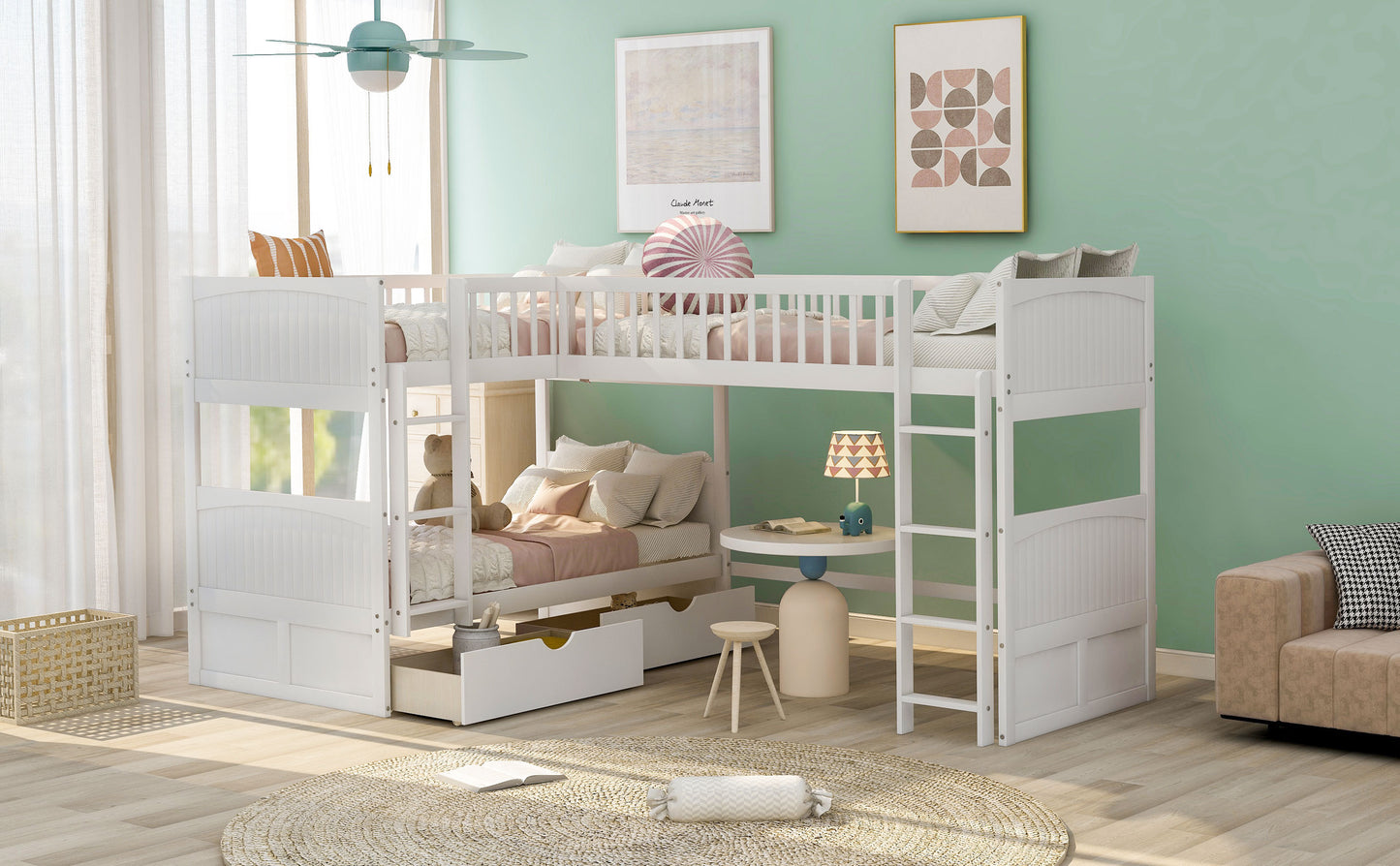 White Triple Sleeper Bunk Bed with Loft, Drawers, and Extended Sleeping Capacity