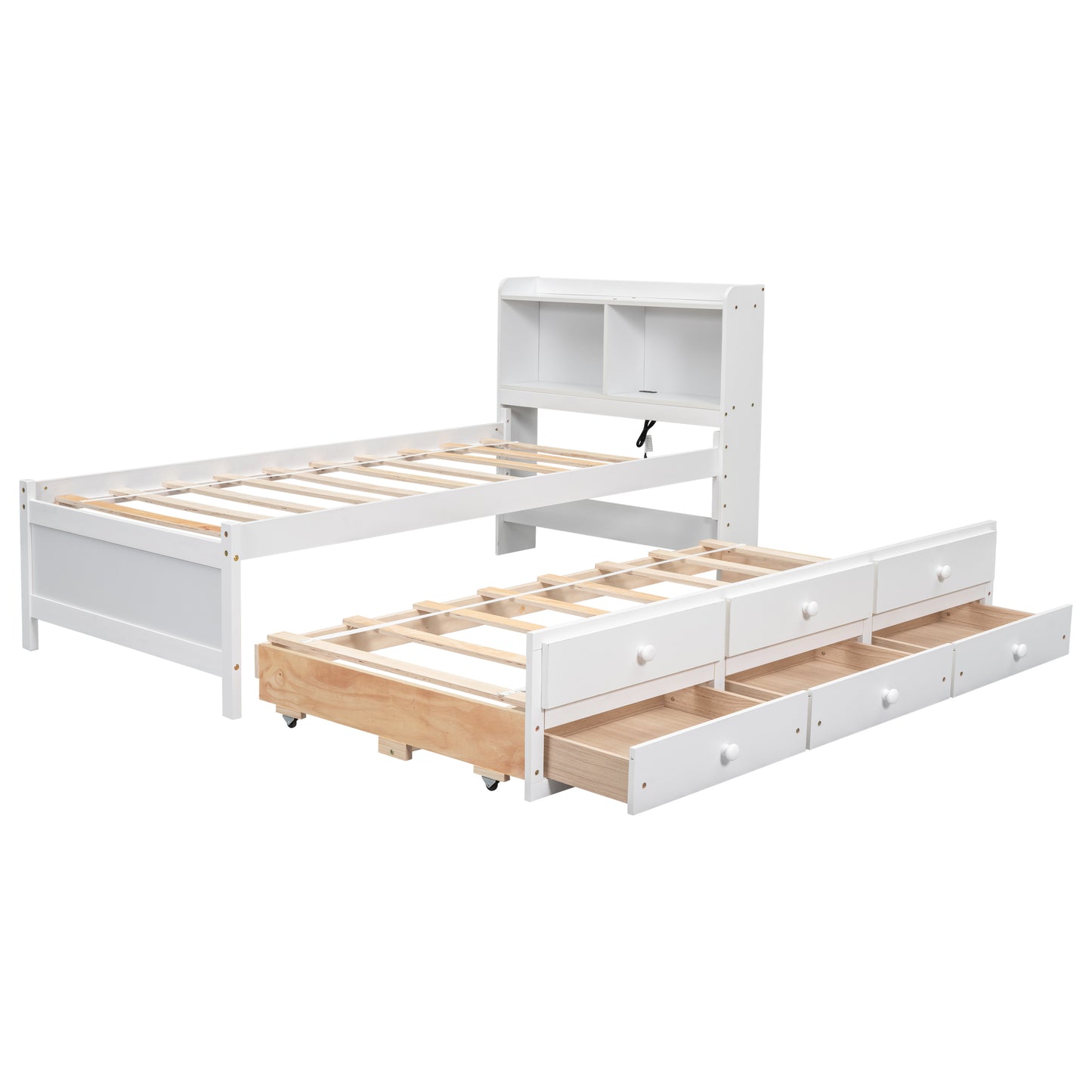 Twin Size Bed with  built-in USB ,Type-C Ports, LED light, Bookcase Headboard, Trundle and 3 Storage Drawers, Twin Size Bed with  Bookcase Headboard, Trundle and Storage drawers  ,White