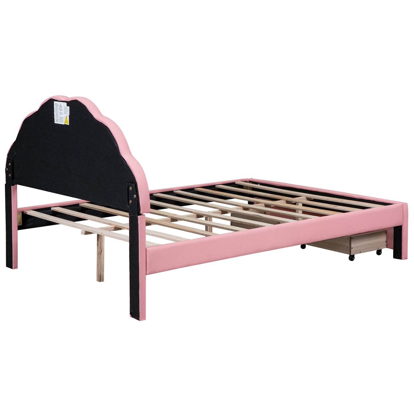 Queen Size Upholstered Platform Bed with Seashell Shaped Headboard, LED and 2 Drawers, Pink