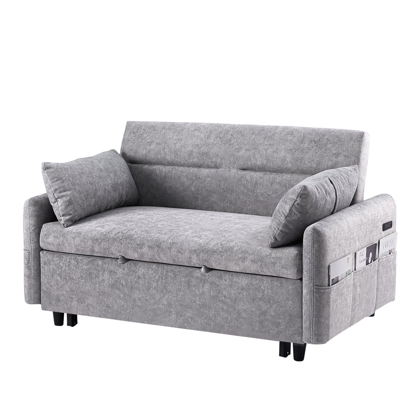 Adjustable Grey Loveseat Sofa Bed with USB Ports and Storage Pockets