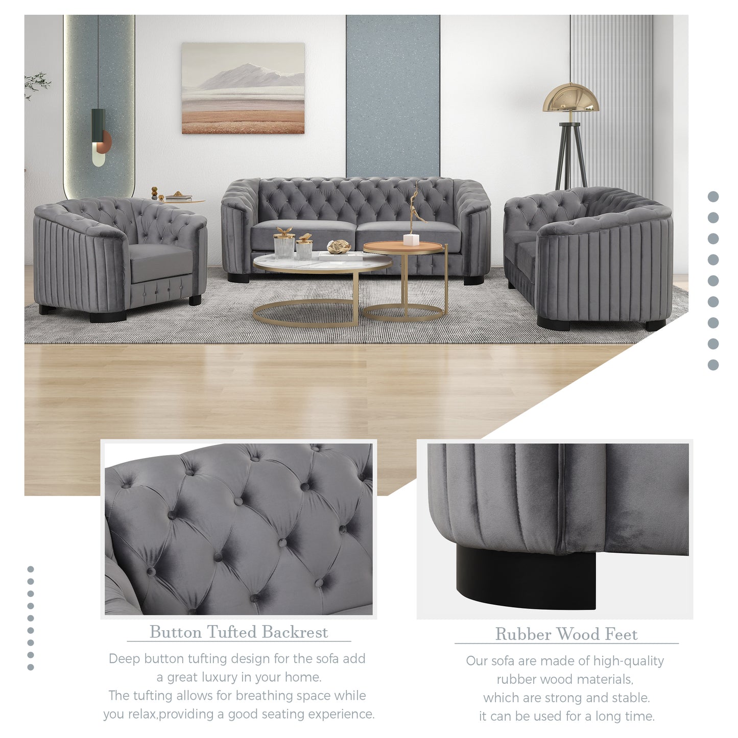 Modern Gray Velvet Loveseat Sofa with Removable Seat Cushion