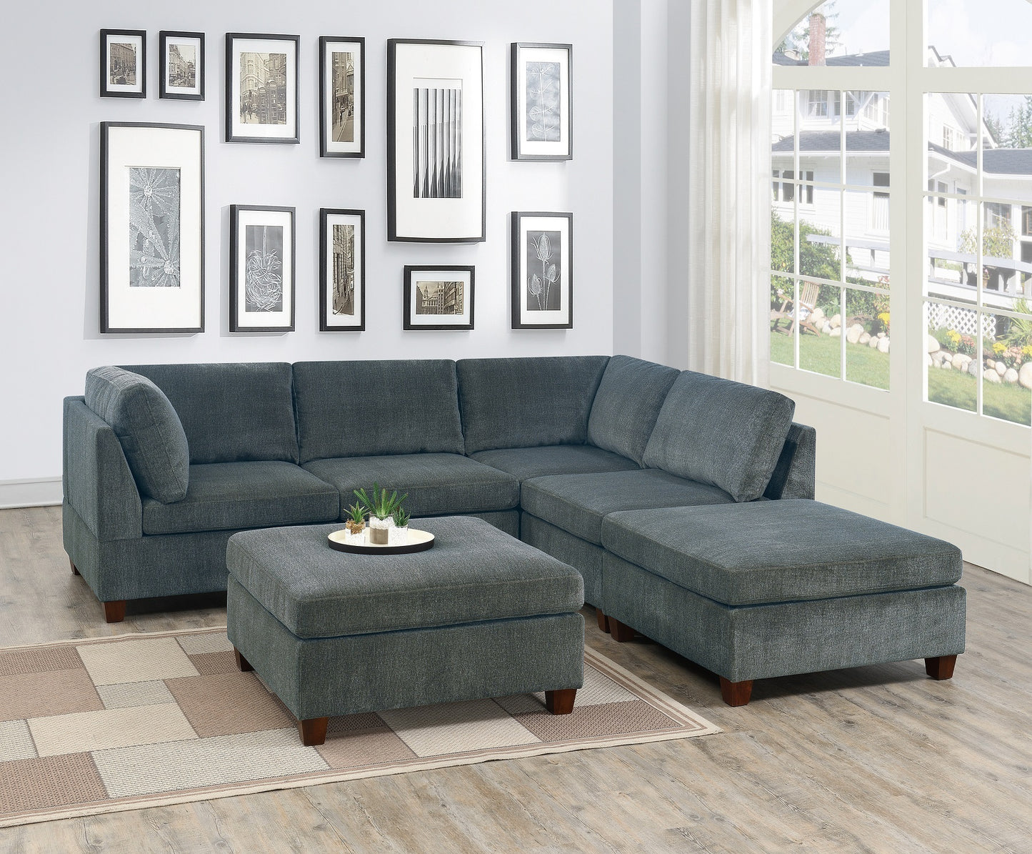 6-Piece Grey Chenille Modular Sectional Sofa Set with Ottoman