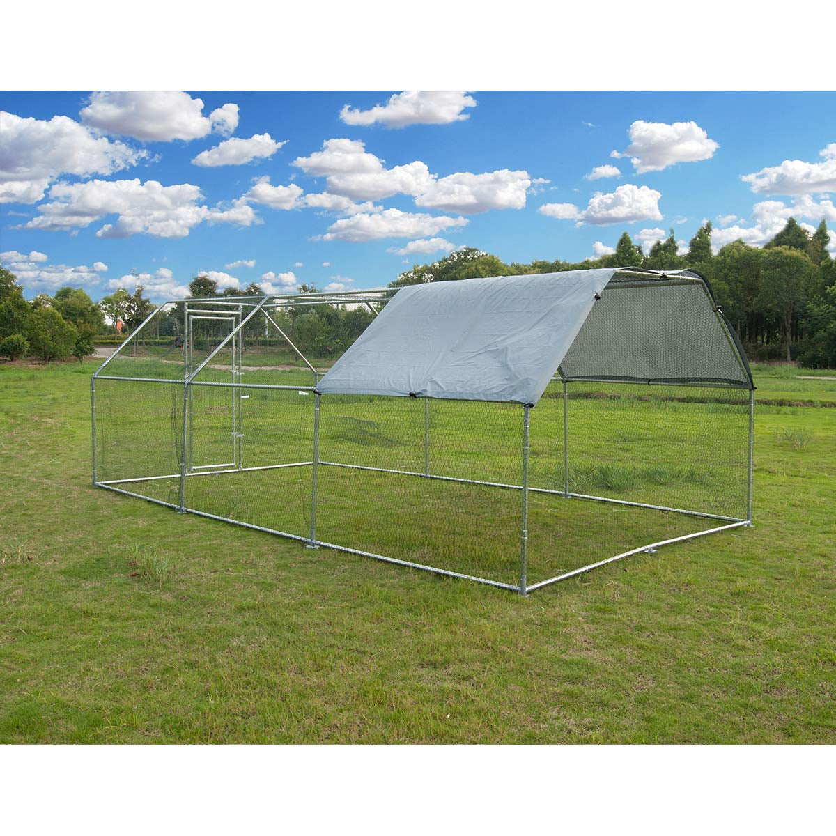 Metal Large Chicken Coop Walk-in Poultry Cage Large Chicken Run Flat Shaped Cage with Waterproof Anti-UltravioletCover, 1.26" Diameter Tube (19.6' L x 9.8' W x 6.5' H)