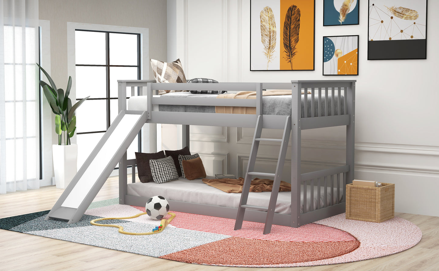 Gray Twin Bunk Bed with Removable Slide and Reversible Ladder