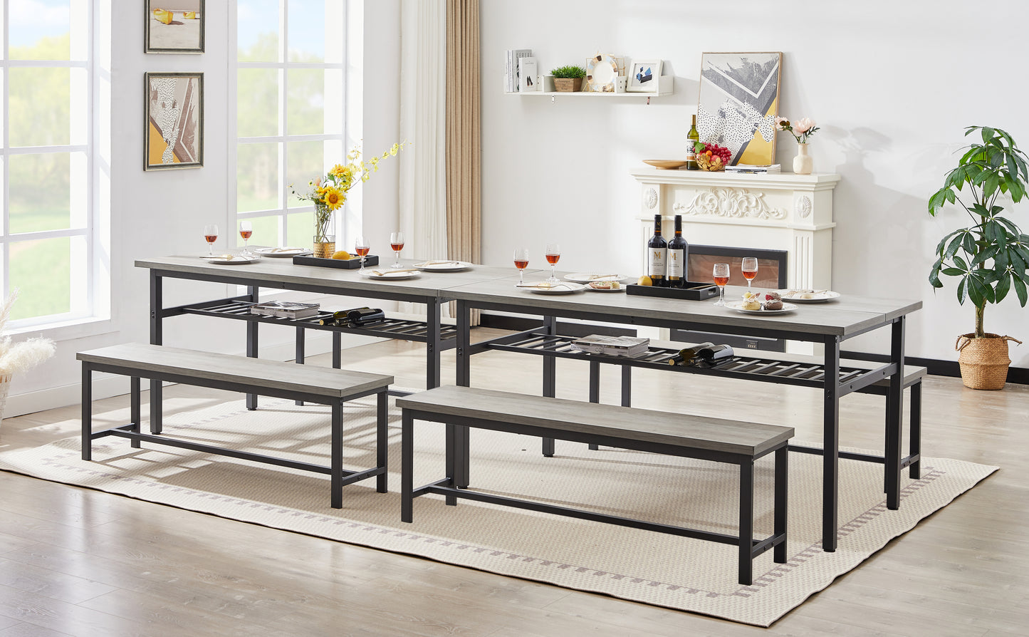 Oversized dining table set for 6, 3-Piece Kitchen Table with 2 Benches, Dining Room Table Set for Home Kitchen, Restaurant, Rustic Grey, 67'' L x 31.5'' W x 31.7'' H.