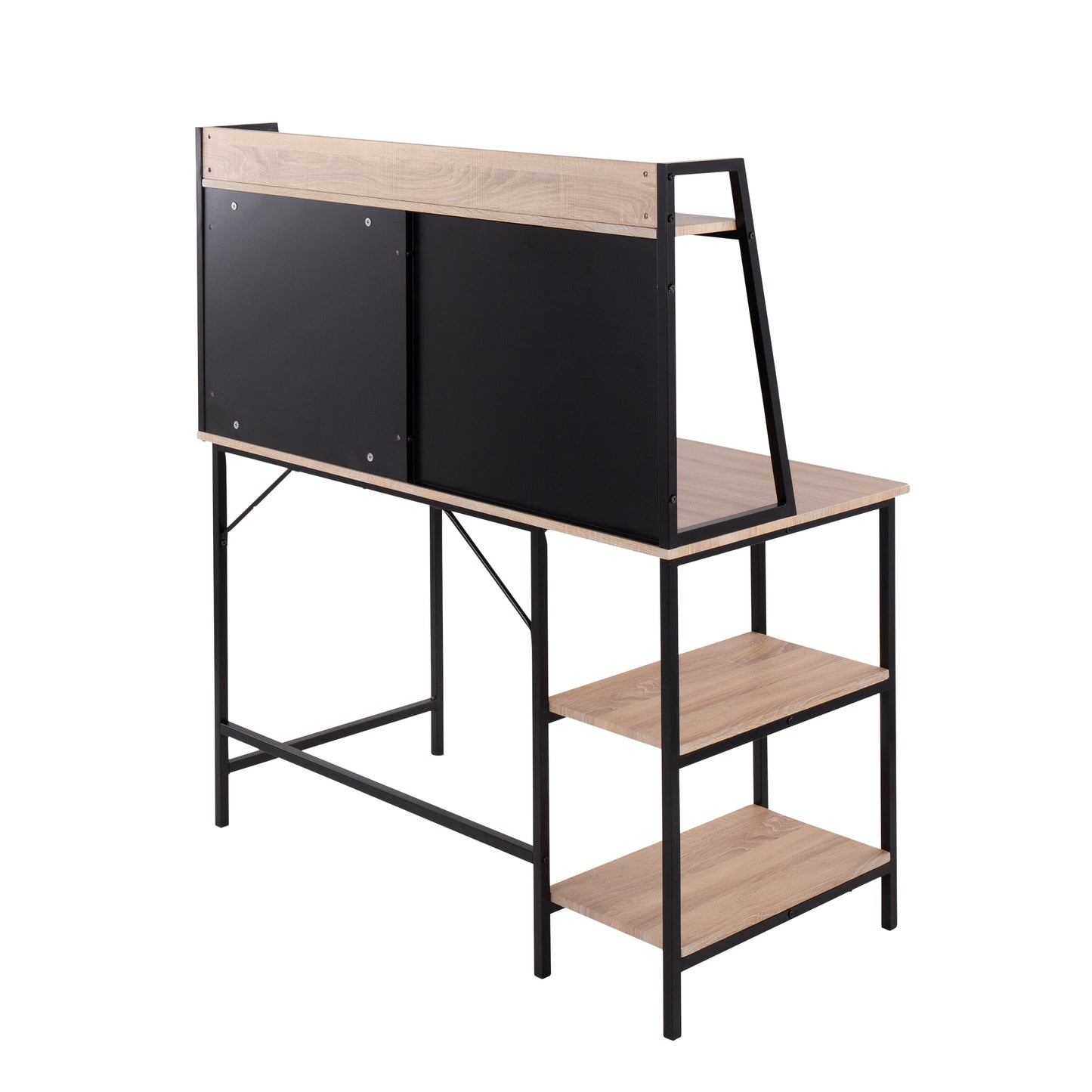 Elegant Black Steel and Wood Desk with Shelves for a Chic Workspace