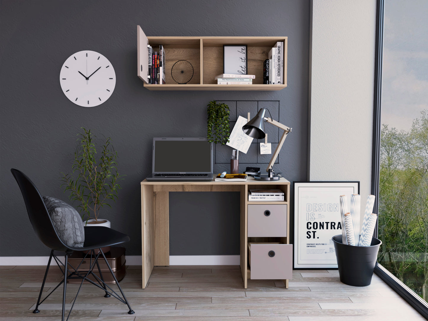 Multicolored Office Set with Desk and Wall Cabinet, Oak/Taupe Finish