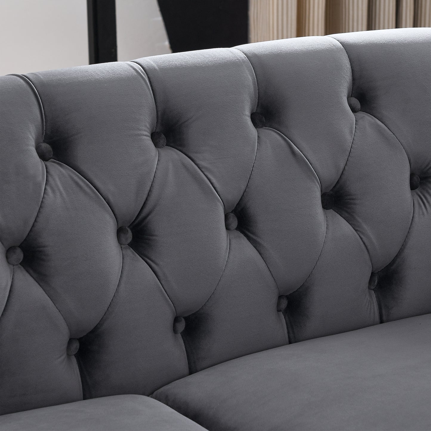 Classic Chesterfield 2-Seater Velvet Sofa in Grey with Rolled Arms and Nailhead Trim