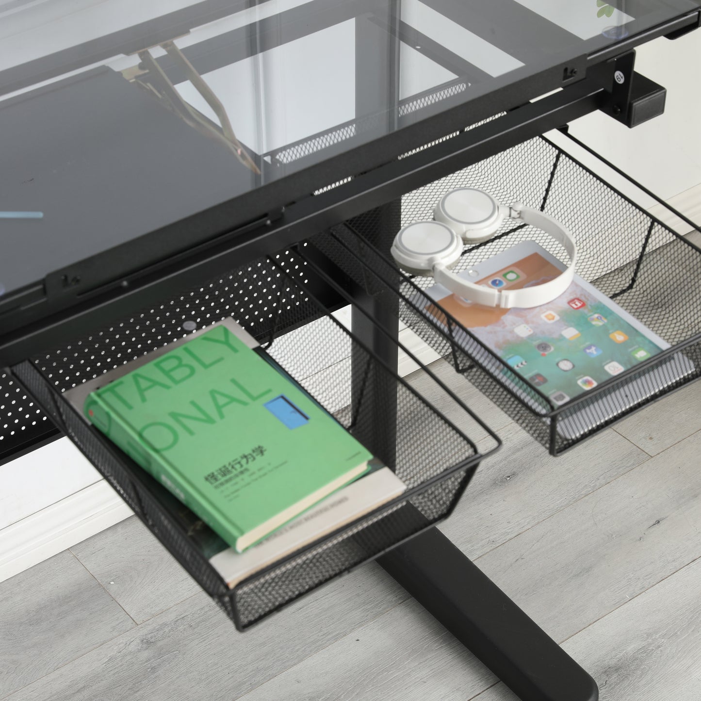 Glass Drafting Table with Adjustable Tilt, Metal Drawers, and Stool