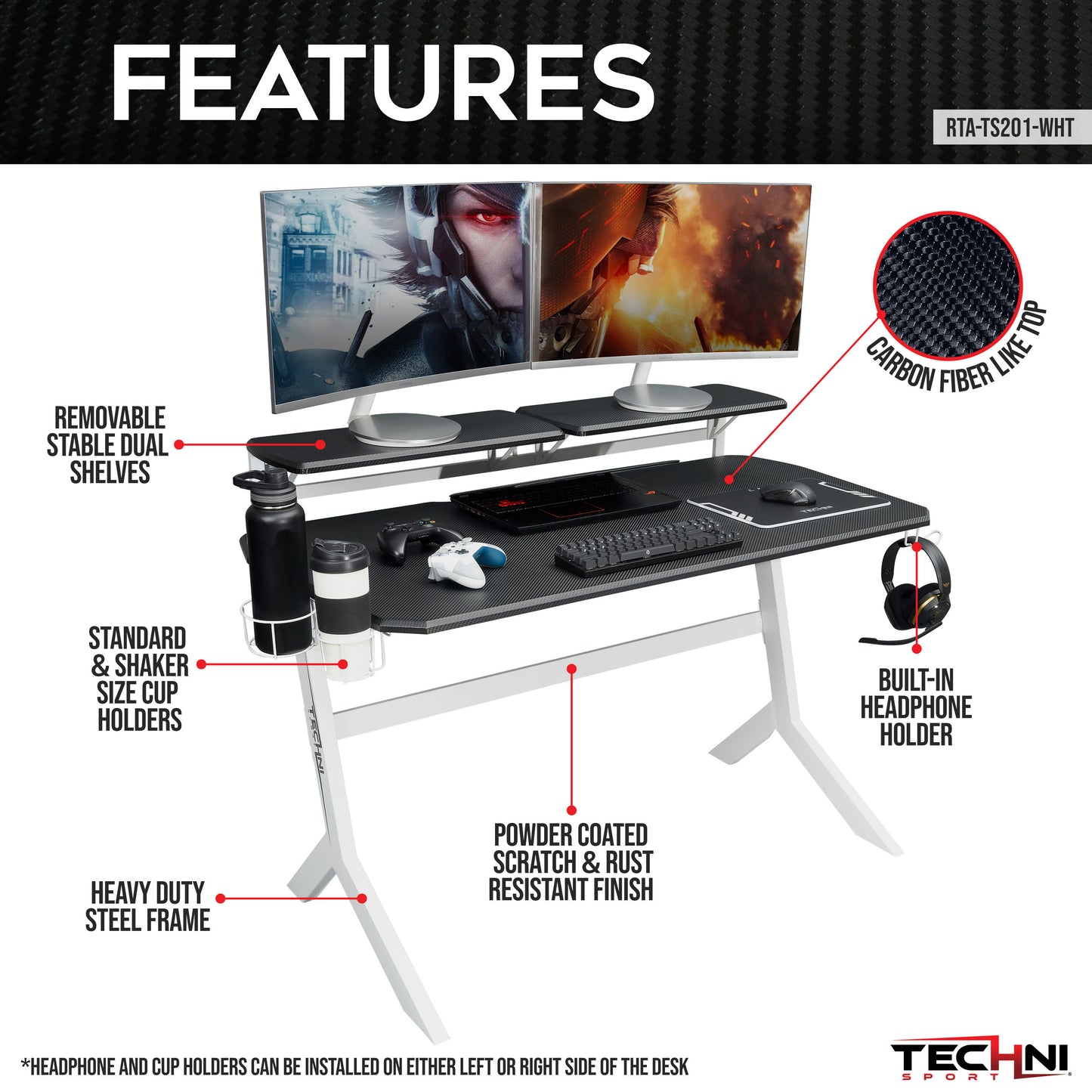 Tech-inspired White Stryker Gaming Desk with Dual Monitor Shelves, White