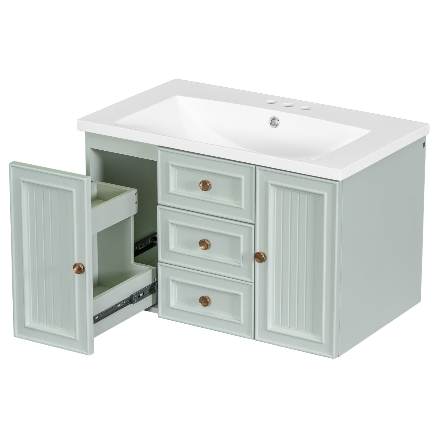 30" Wall Mounted Bathroom Vanity with Sink Combo, Functional Drawer, Solid Wood & MDF Board & Ceramic, Green