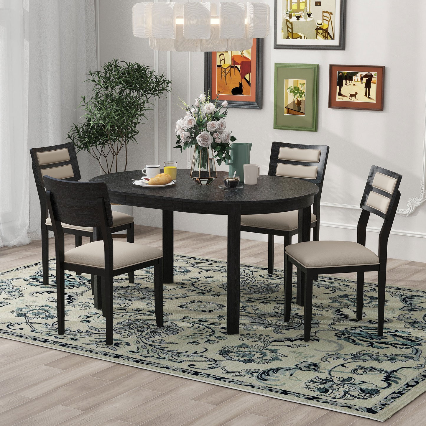 TREXM 5-Piece Multifunctional Dining Table Set, Farmhouse Dining Set with Extendable Round Table,Two Small Drawers and 4 Upholstered Dining Chairs for Kitchen and Dining Room (Black)