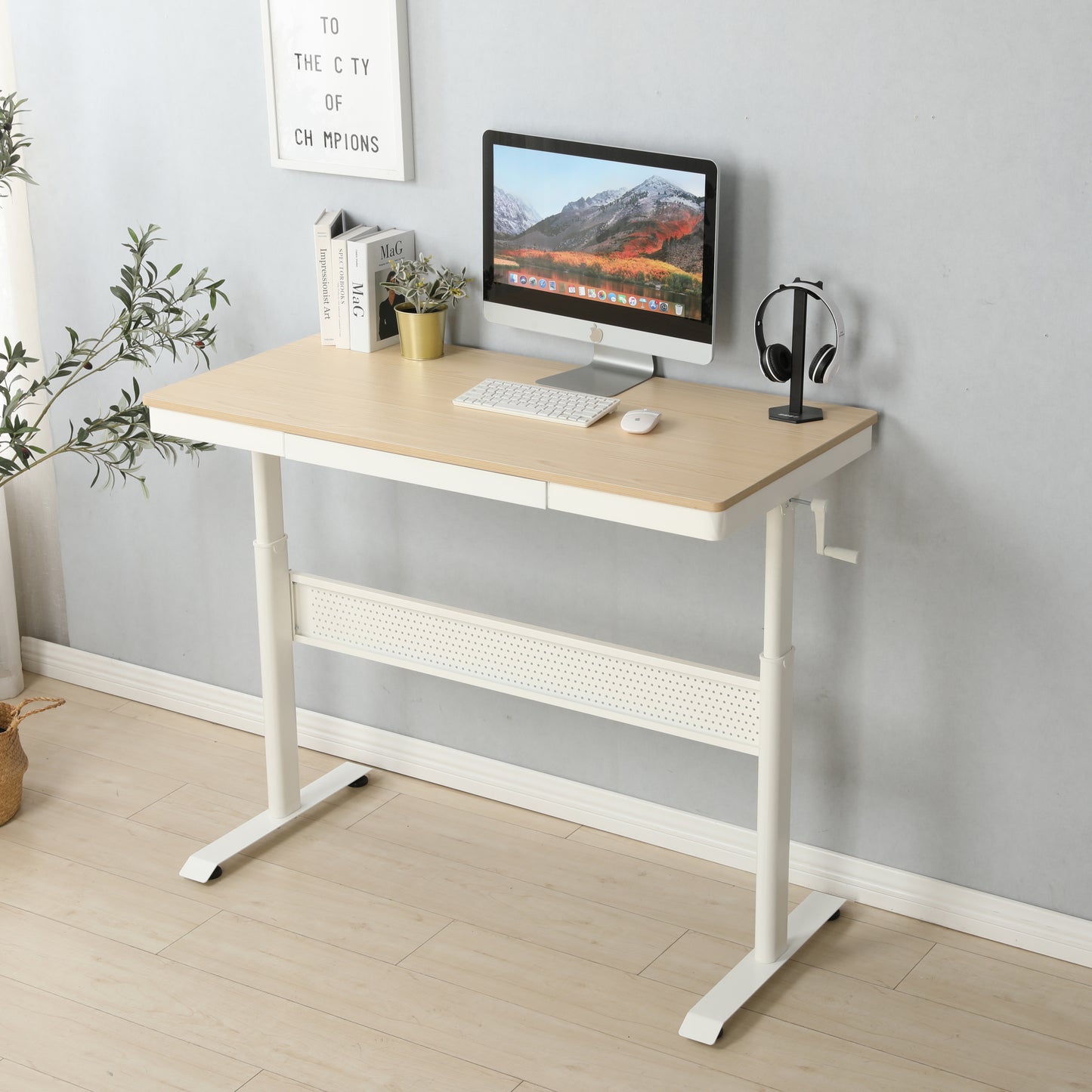 Height-Adjustable Maple Standing Desk with Steel Drawer - 48 x 24 Inches