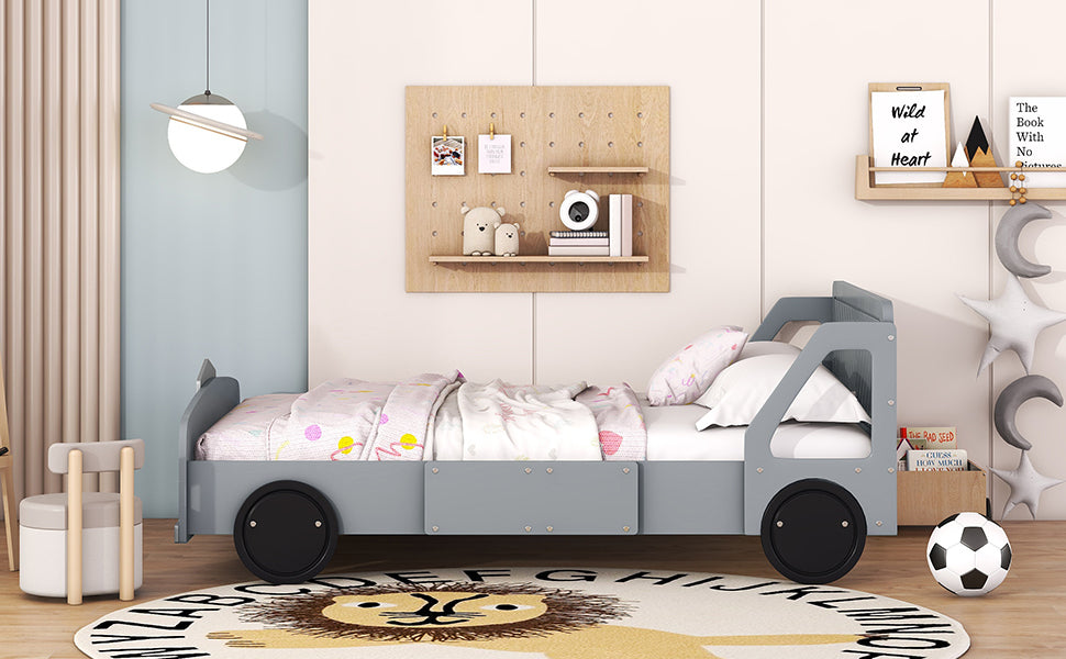 Full Size Car-Shaped Platform Bed with Wheels,Gray