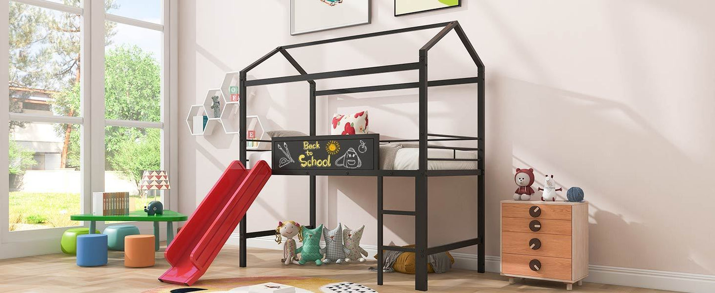 Metal House Bed With Slide, Twin Size Metal Loft Bed with Two-sided writable Wooden Board (Black and Red)