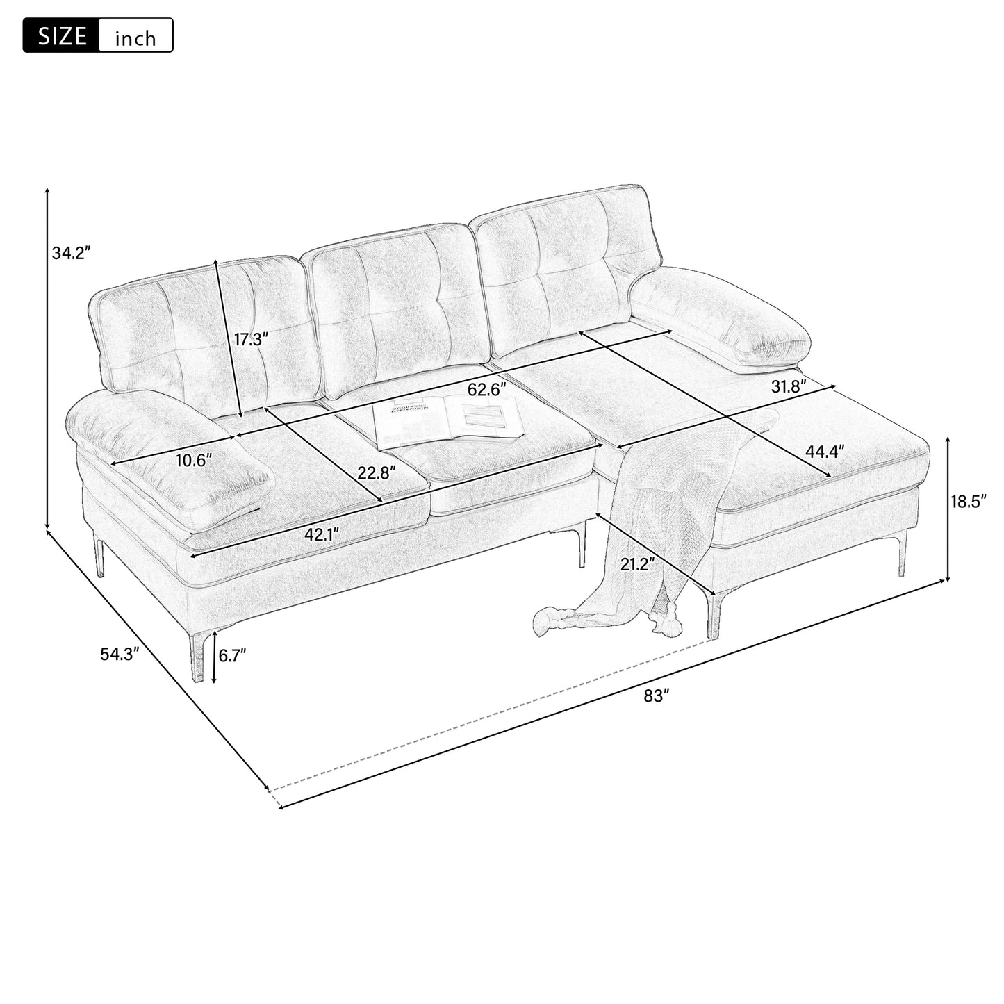 Luxurious Brown Velvet L-Shaped Modern Sectional Sofa for Living Room or Bedroom