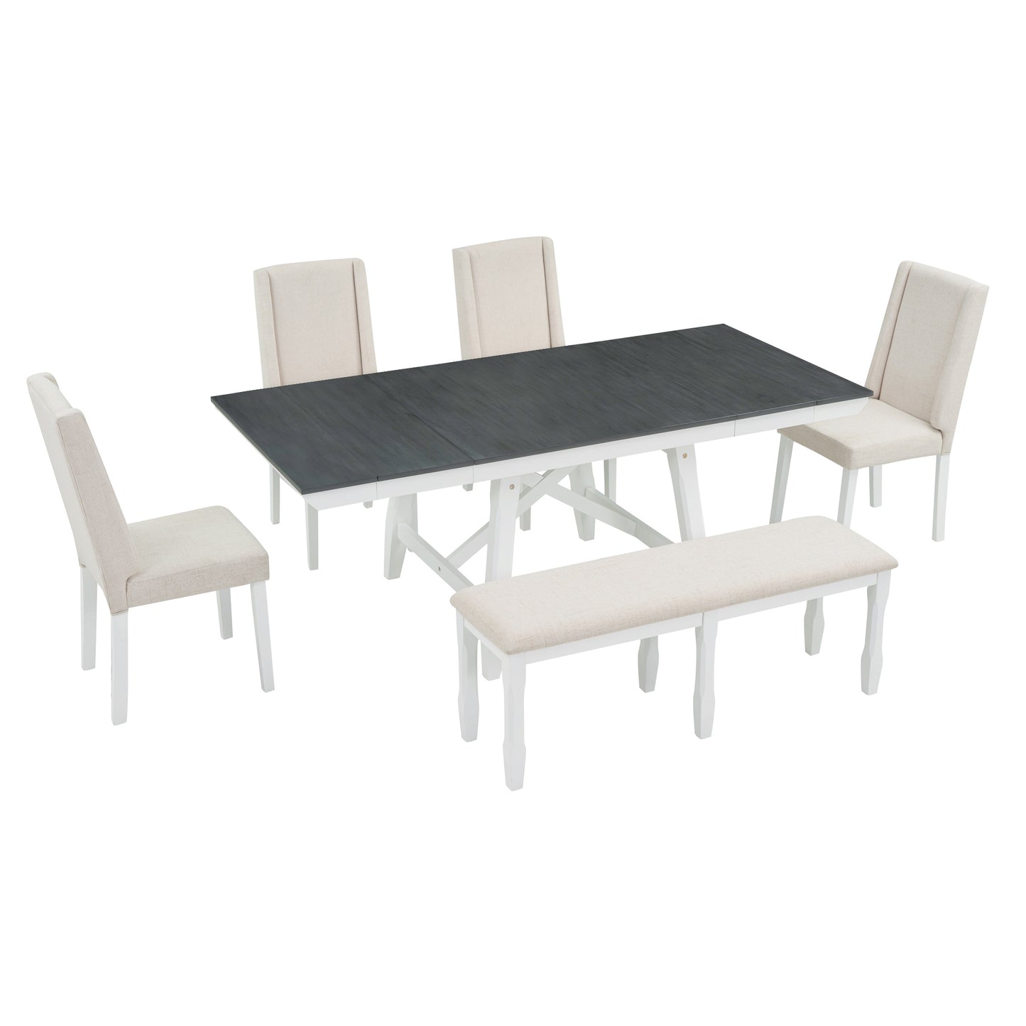 TREXM 6-Piece Classic Dining Table Set, Rectangular Extendable Dining Table with two 12"W Removable Leaves and 4 Upholstered Chairs & 1 Bench for Dining Room (Gray+White)