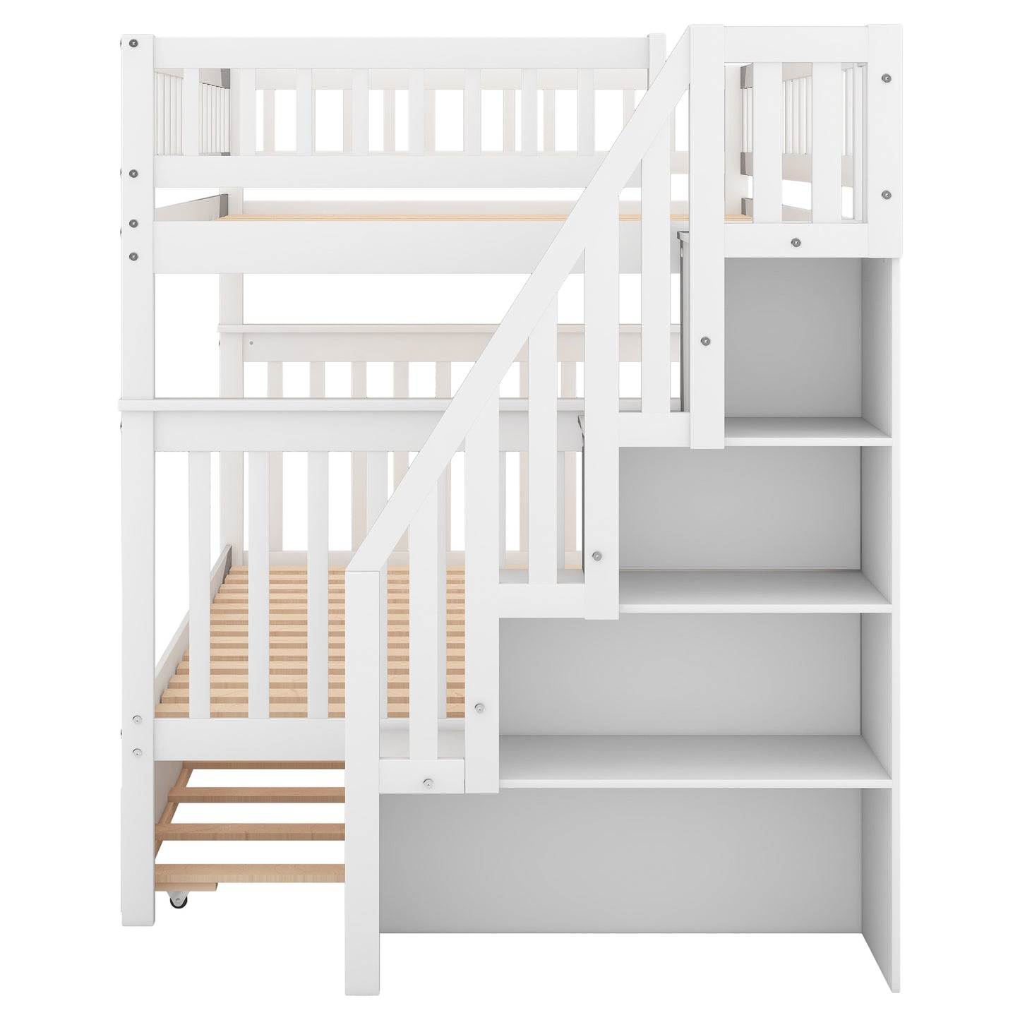 White Full over Full Bunk Bed with Trundle, Staircase, and Storage - Space-Saving Full Bunk Bed with Trundle