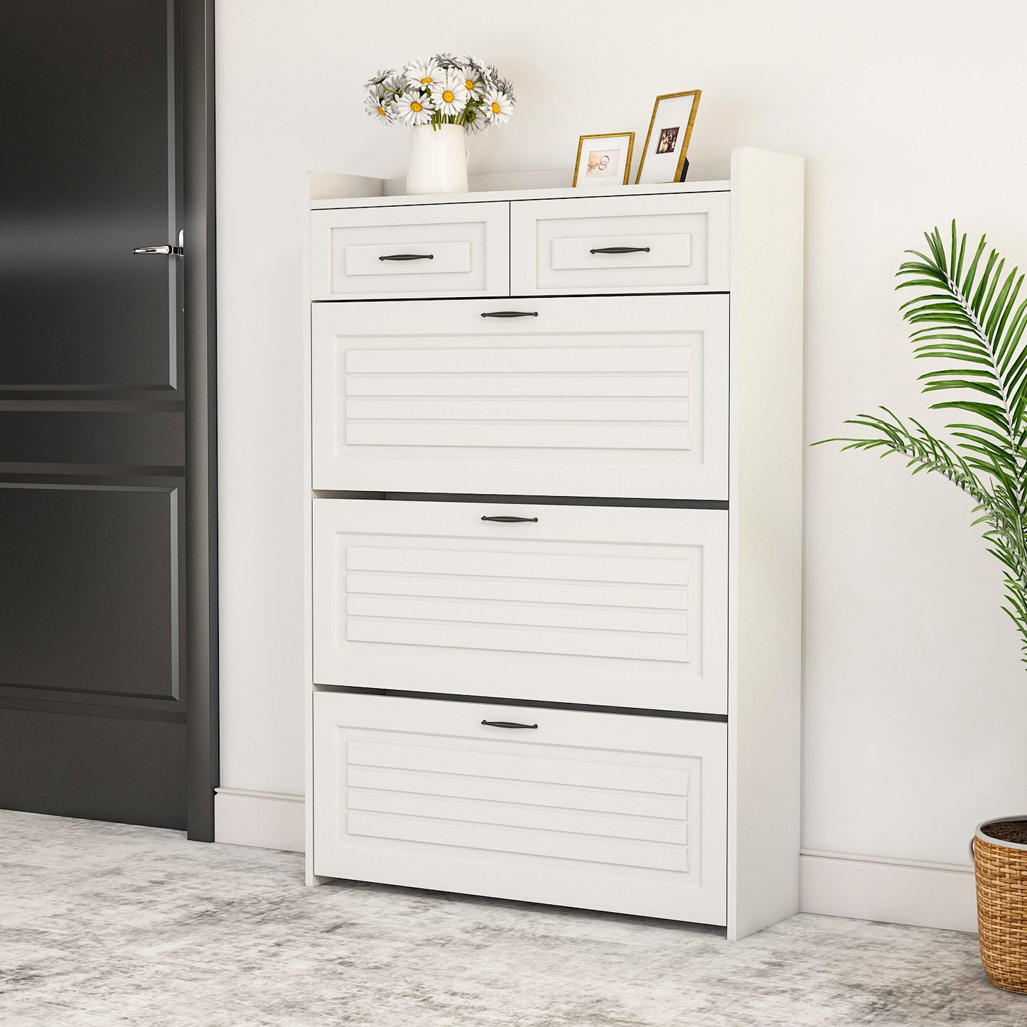 White color shoe cabinet  with 3 doors 2 drawers,PVC door with shape ,large space for storage