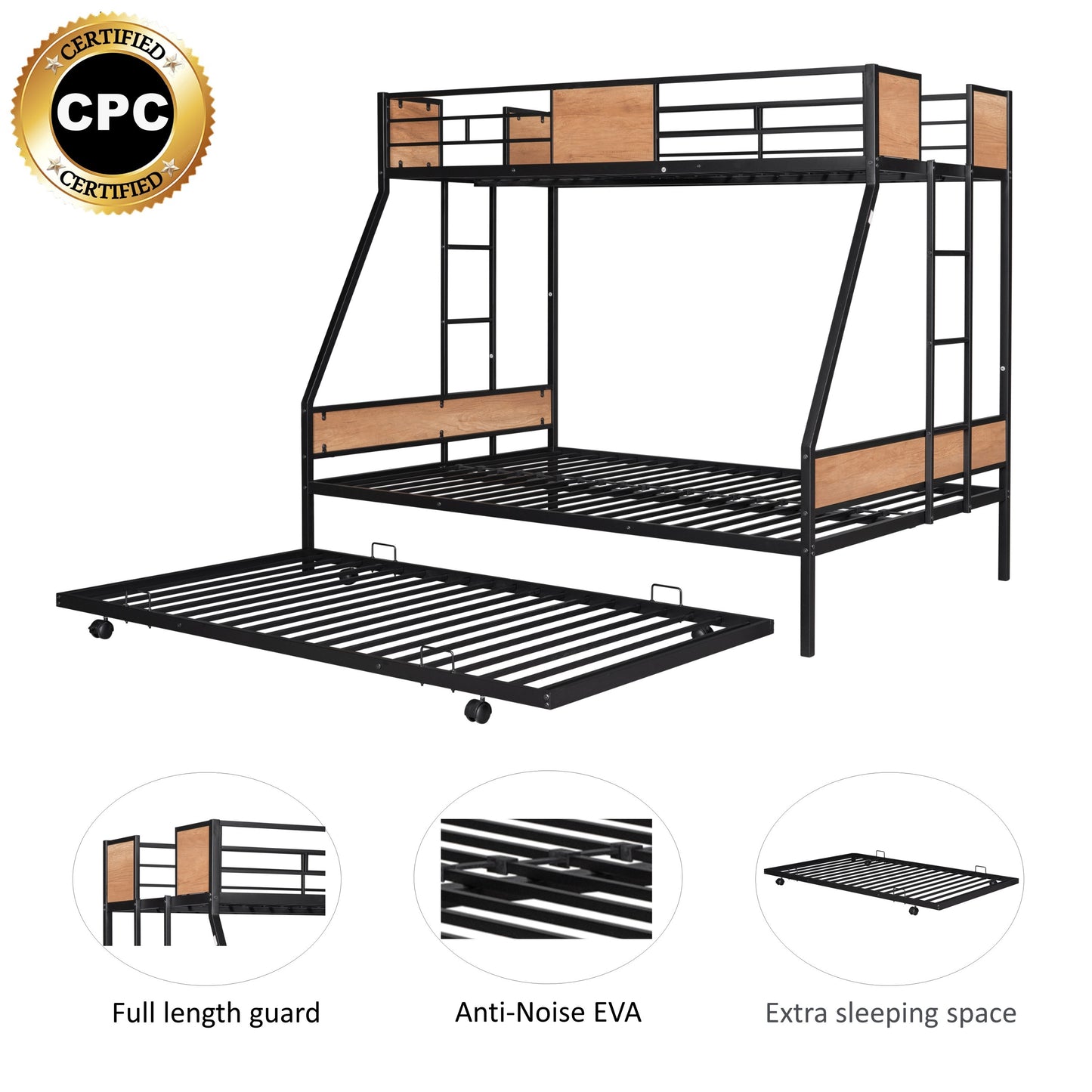 Metal Triple Sleeper Bunk Bed with Trundle and Soundproof Design and Safety Features