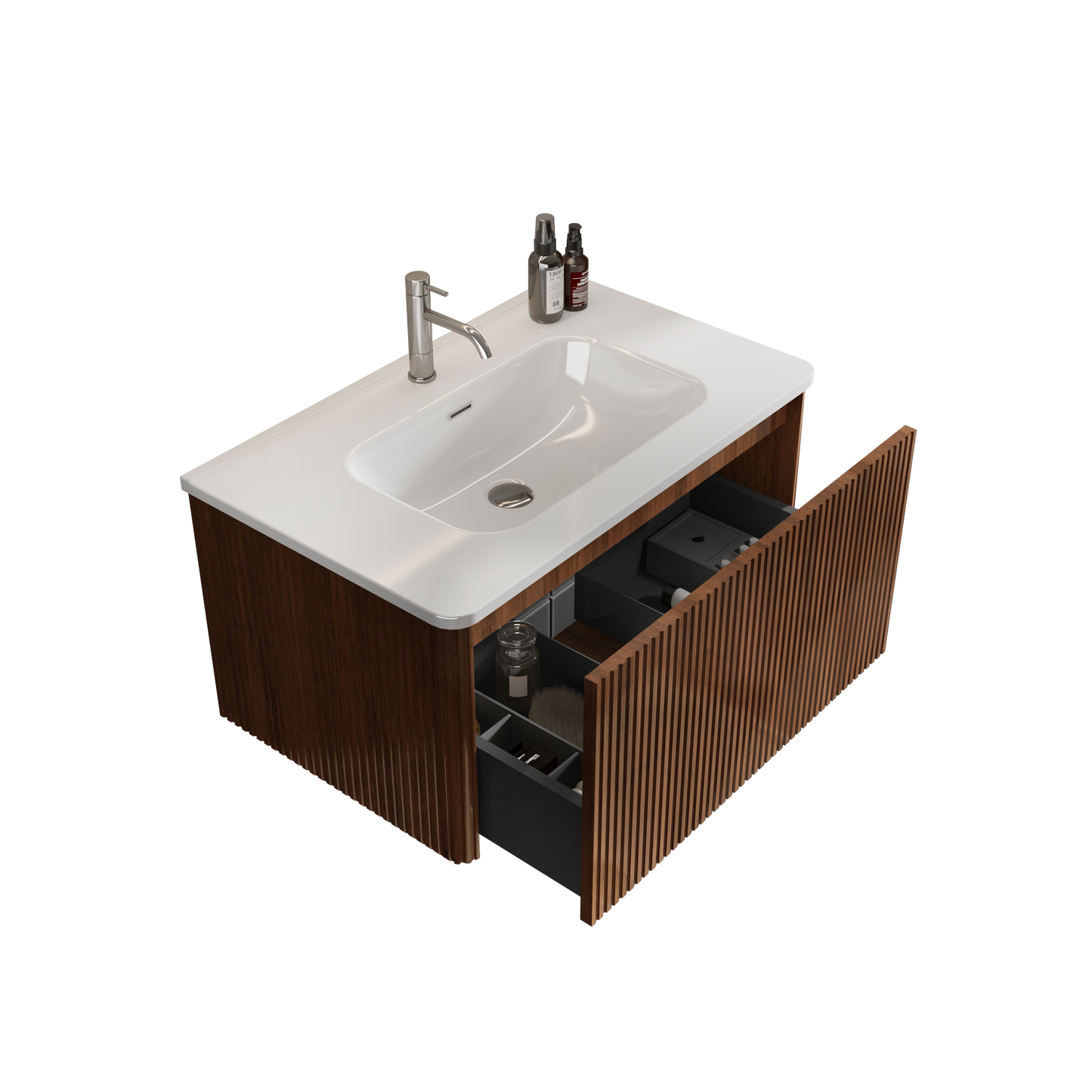 U047-Etna30W-305 Etna 30" Striped Walnut Bathroom Vanity with White Ceramic Sink, Wall Mounted Floating Bathroom Vanity for Modern Bathroom, One-Piece White Basin without Drain and Faucet