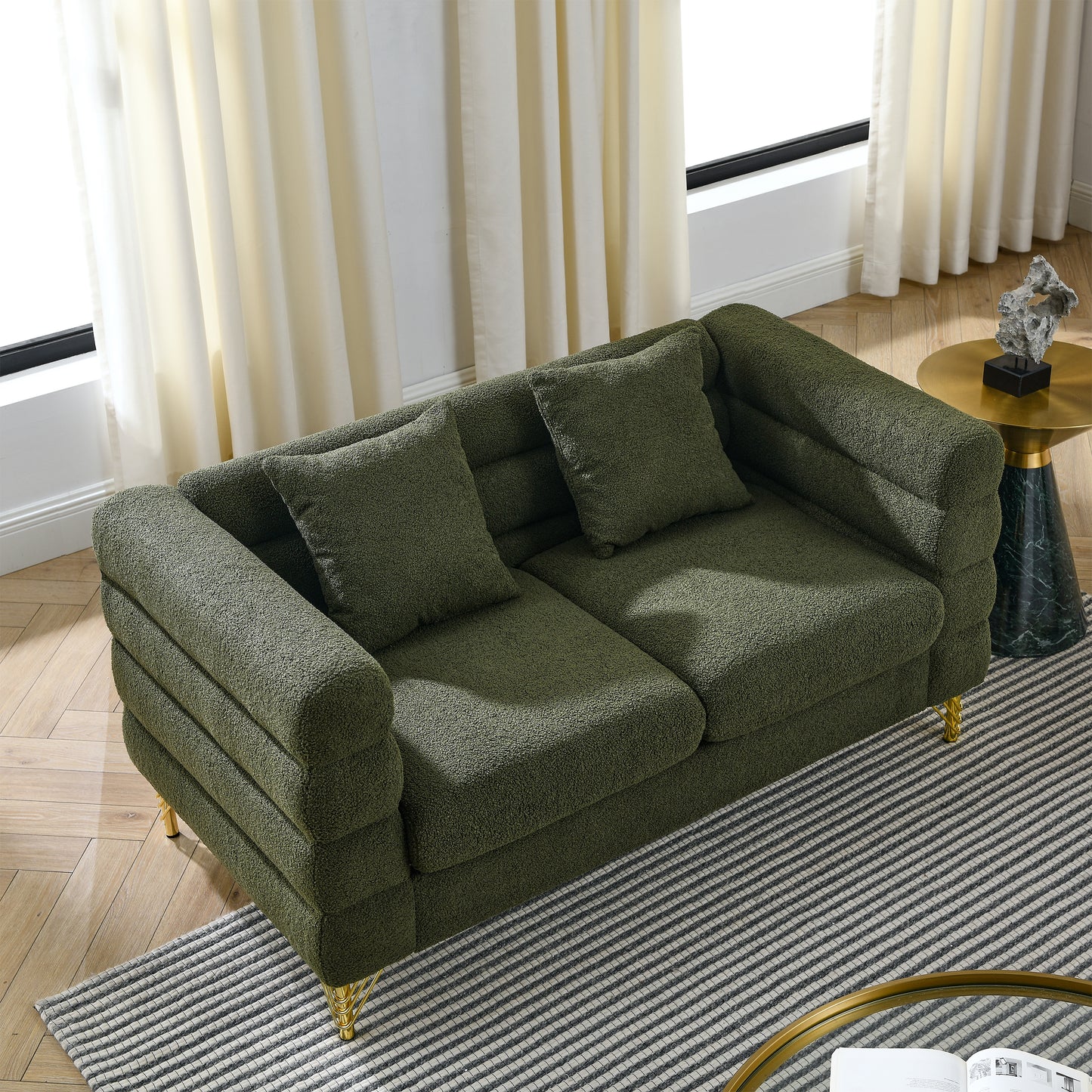 60-Inch Green Teddy 2-Seater Sectional Sofa with Lumbar Pillows