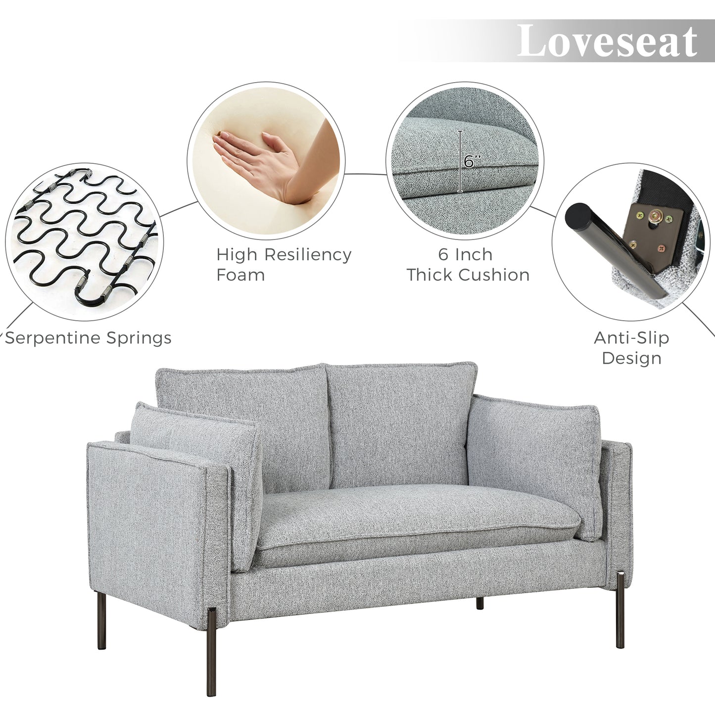 Small Space Modern Loveseat Sofa with Linen Fabric and Bolster Pillows