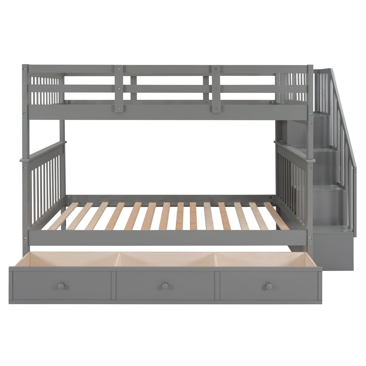 Gray Full-Over-Full Bunk Bed with Staircase, Drawer, and Storage