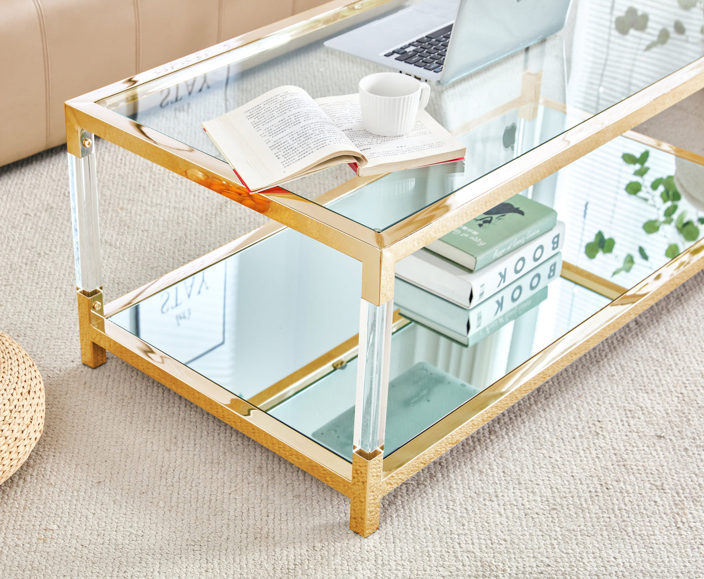 Gold Stainless Steel Coffee Table With Clear Glass Top and Acrylic Frame