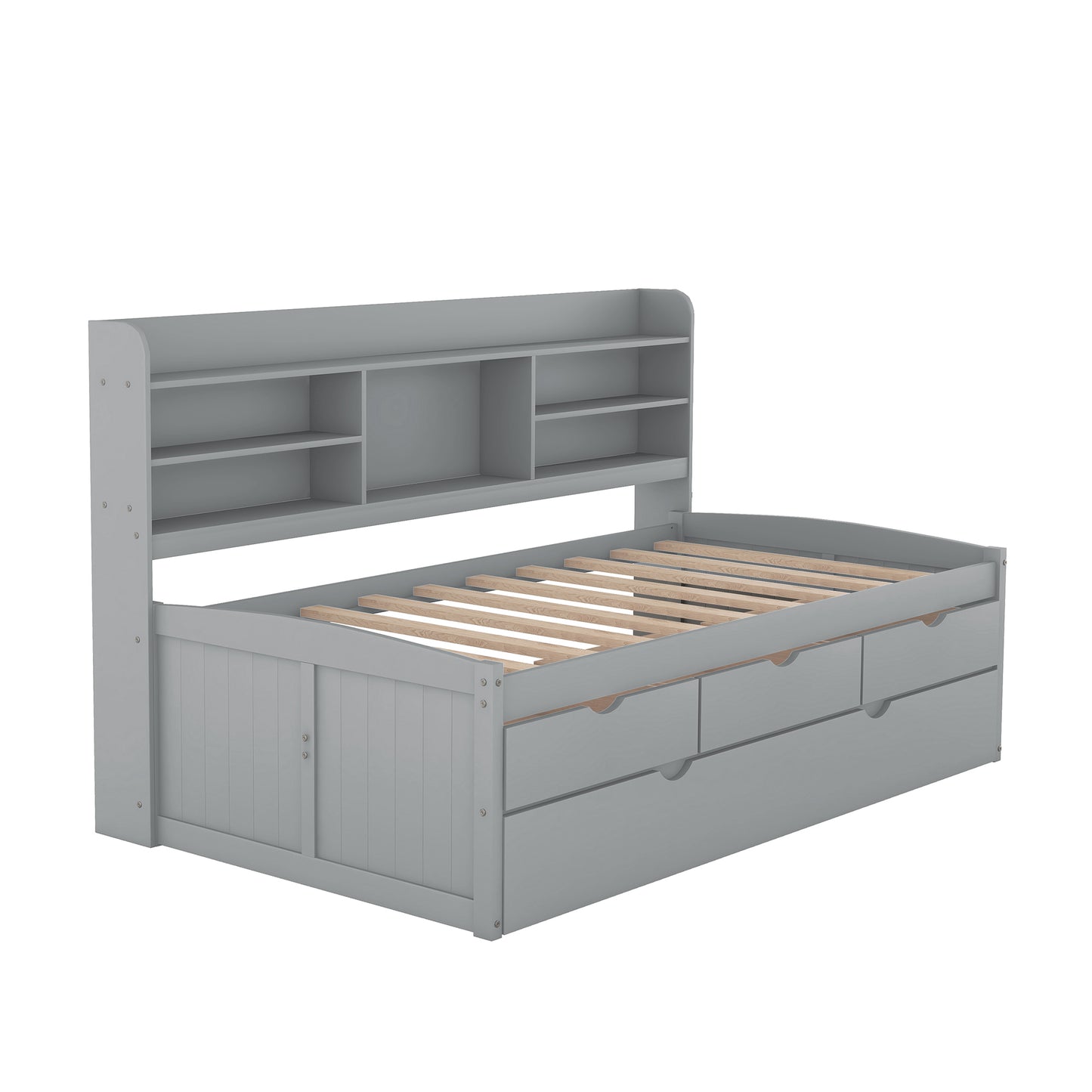 Twin Size Wooden Captain Bed with Built-in Bookshelves,Three Storage Drawers and Trundle,Light Grey