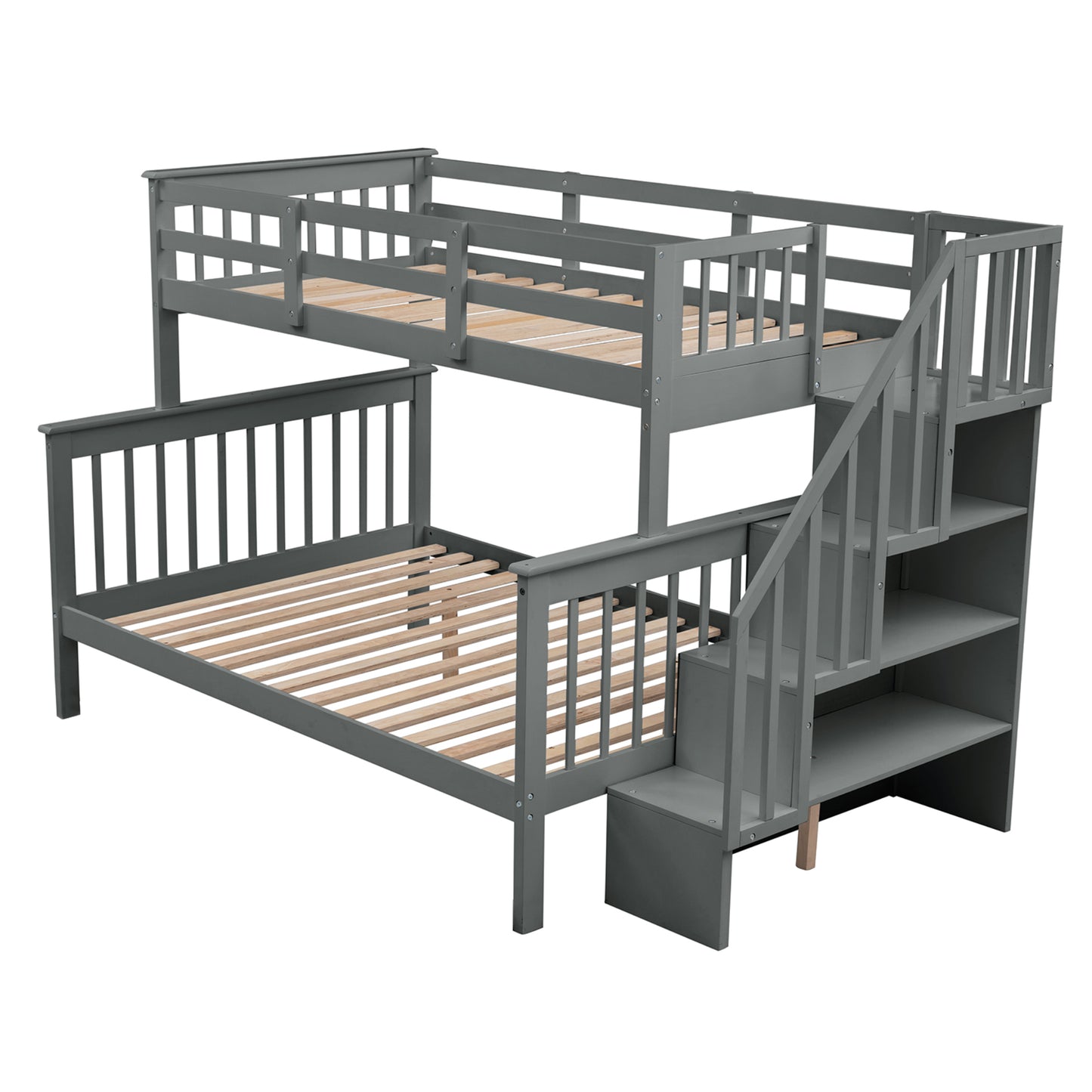 Gray Twin-Over-Full Bunk Bed with Staircase Storage and Safety Rail