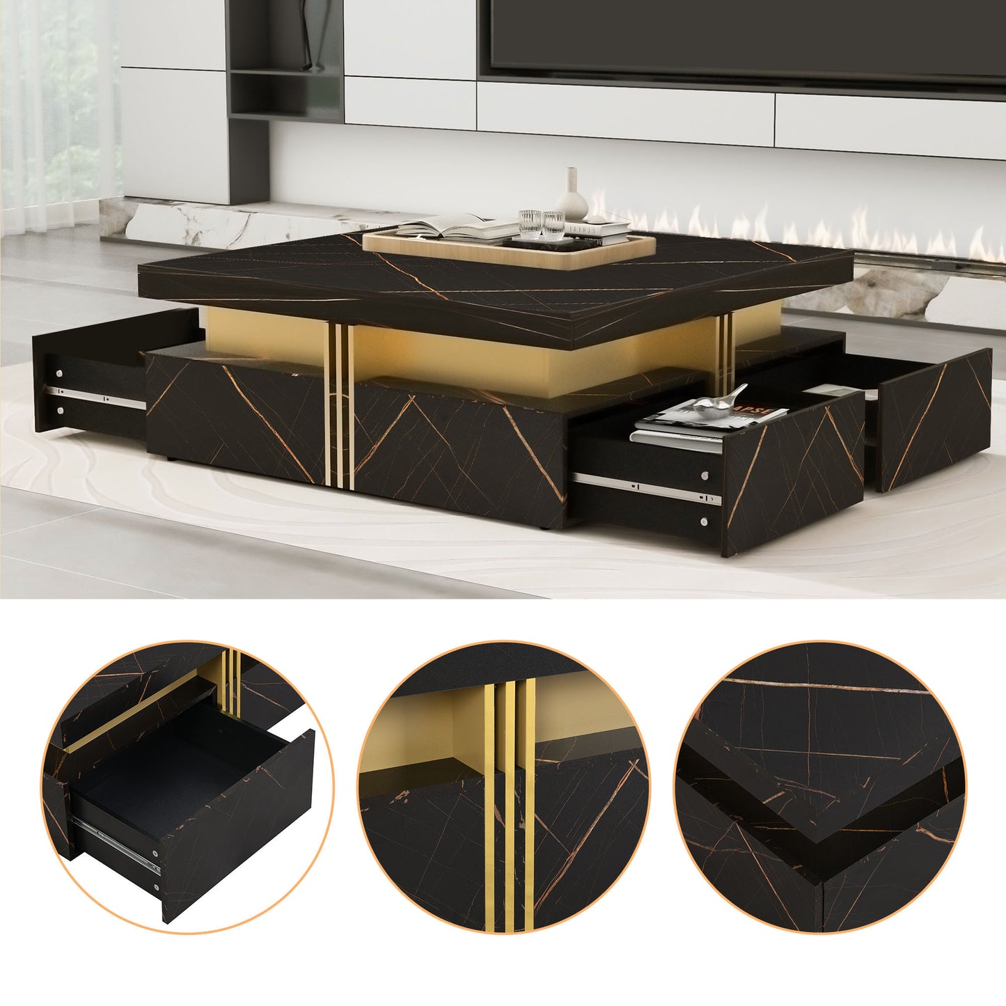 Contemporary Square Black Coffee Table with Gold Accents and Storage Drawers