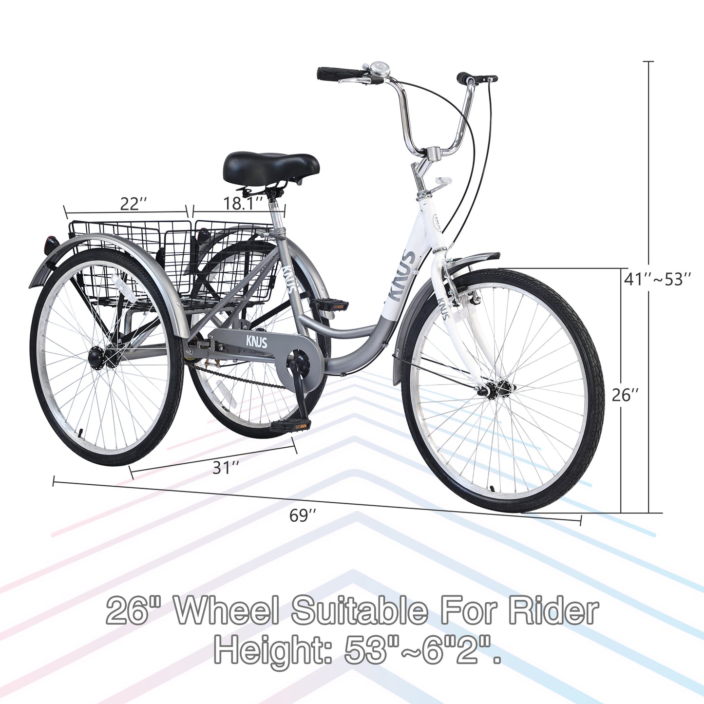 Adult Tricycle Trikes,3-Wheel Bikes,26 Inch Wheels Cruiser Bicycles with Large Shopping Basket for Women and Men