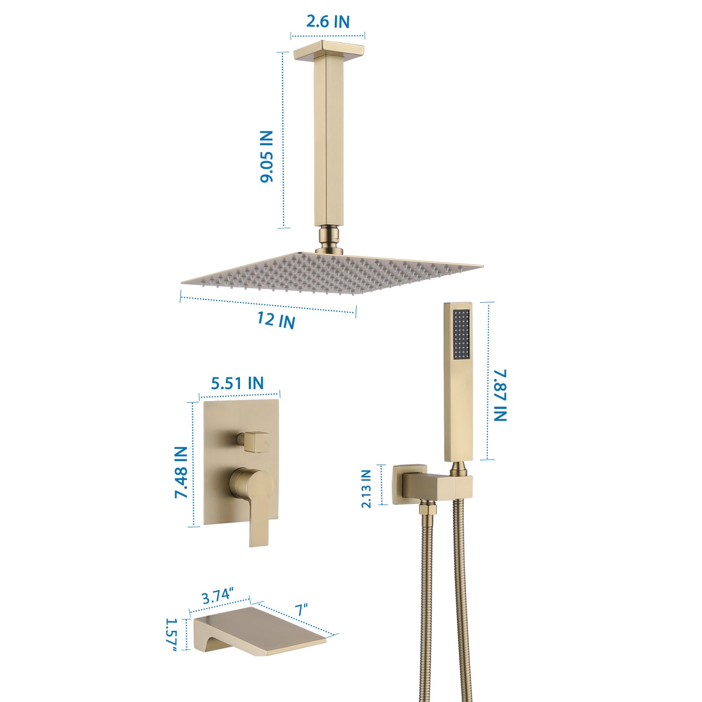 12inch Luxury Shower System with Waterfall Tub Spout and 360-Degree Handheld Shower Rotation