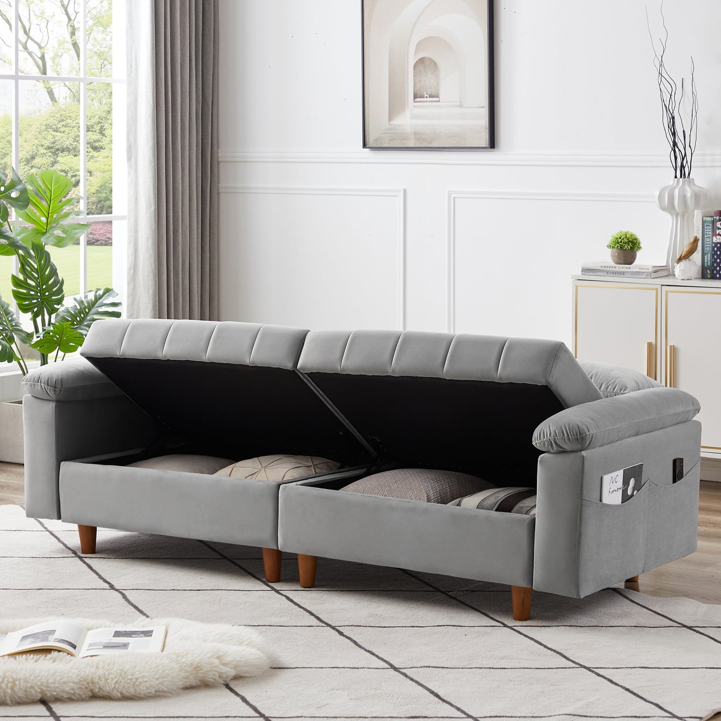 Convertible Comfortable Sleeper Velvet Sofa Couch with Storage for for Living Room Bedroom Futon loveseat Sofabed  Gray