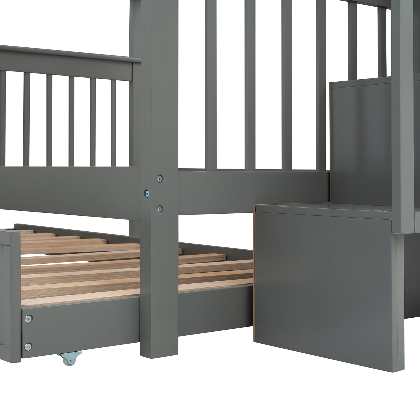 Gray Full-Over-Full Bunk Bed with Twin Trundle and Storage System