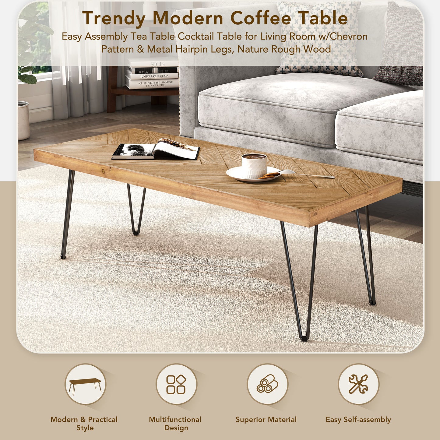 Retro-Modern Ash Wood Coffee Table with Chevron Pattern & Metal Hairpin Legs