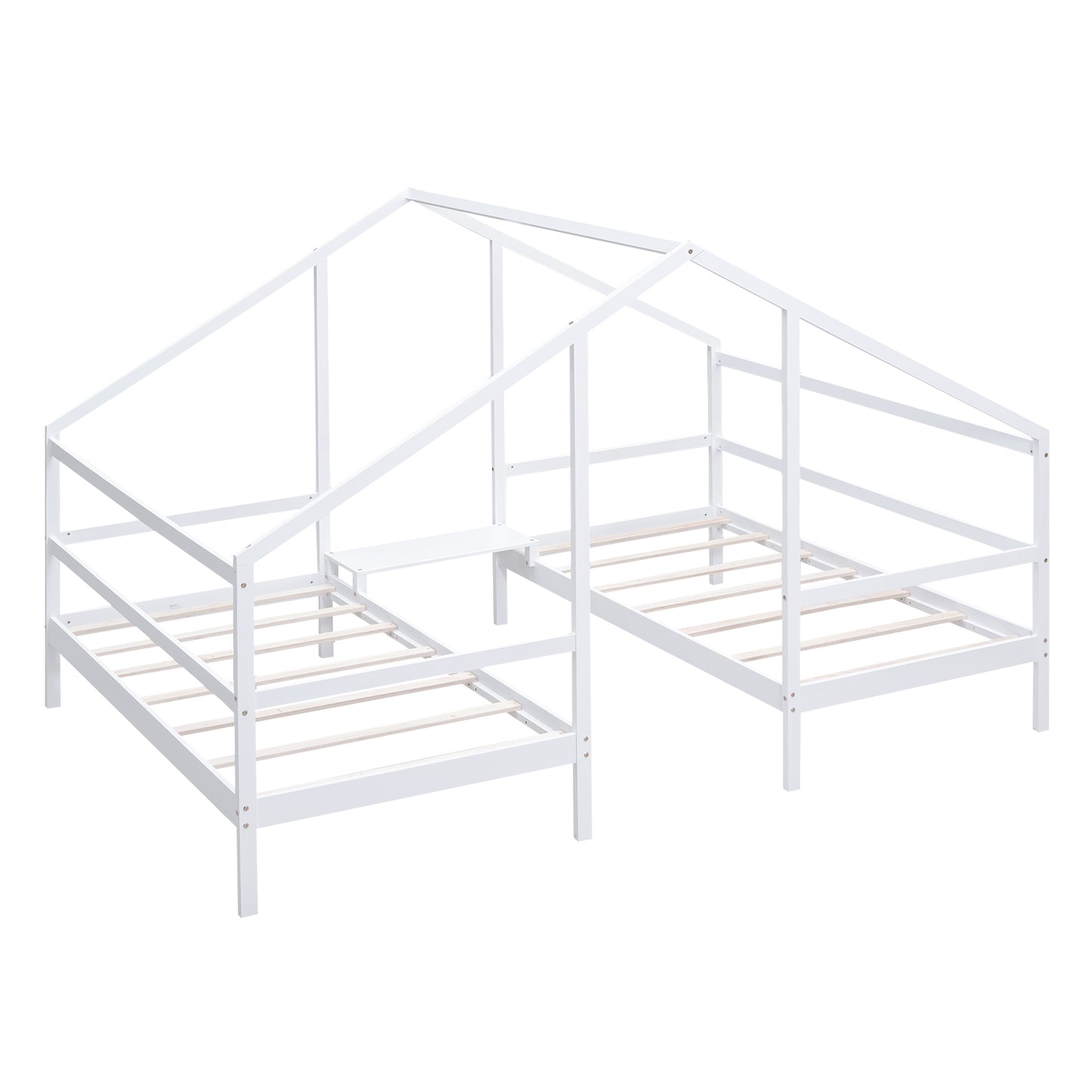 Double Twin Size Triangular House Beds with Built-in Table,White