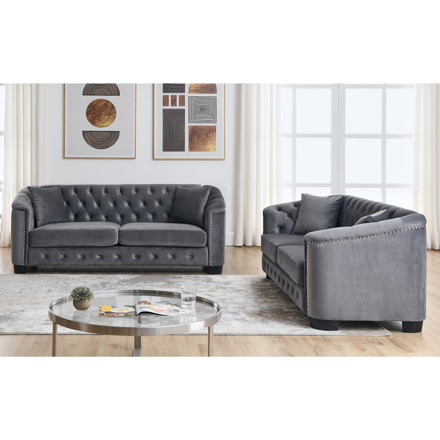 3-Seater Velvet Grey Sofa Set with Pillows