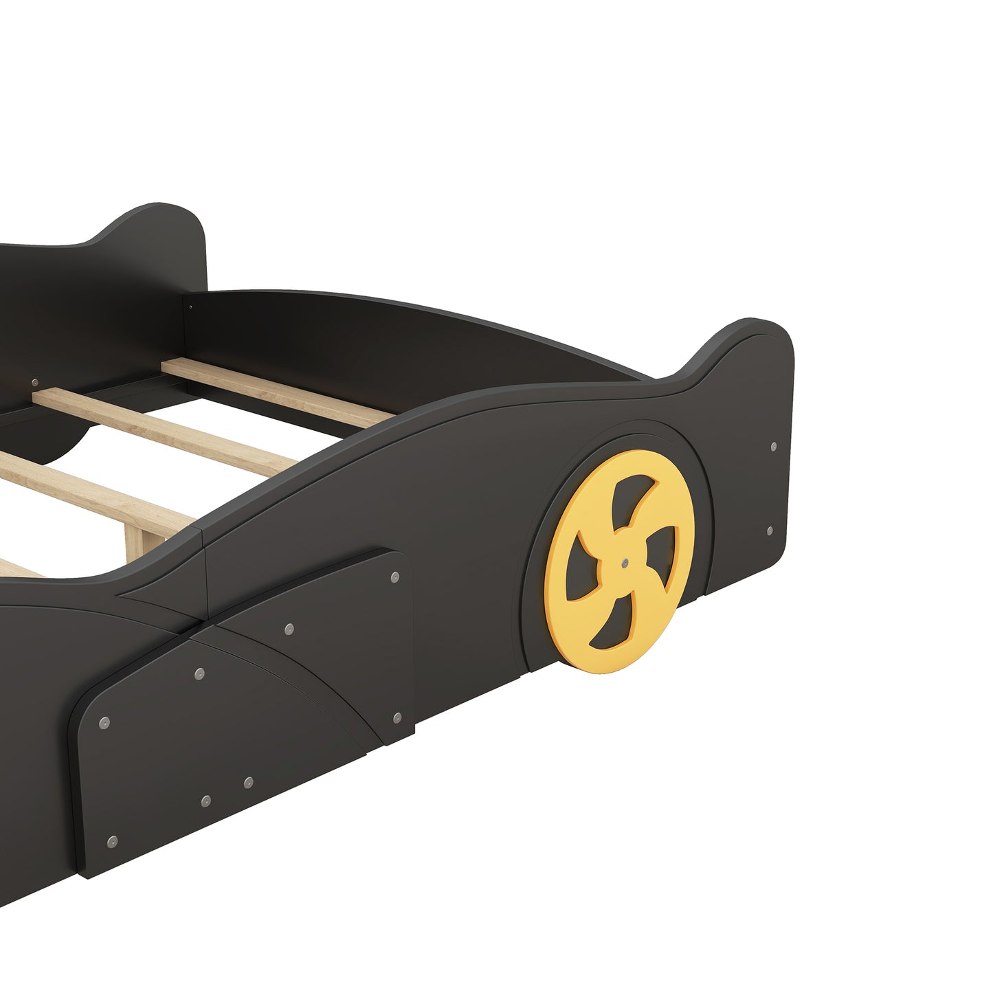 Full Size Race Car-Shaped Platform Bed with Wheels and Storage, Black+Yellow