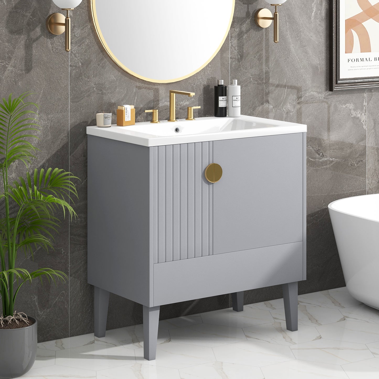 30" Bathroom Vanity with Sink Combo, Bathroom Cabinet with Door and Drawers, Solid Frame and MDF Board, Grey