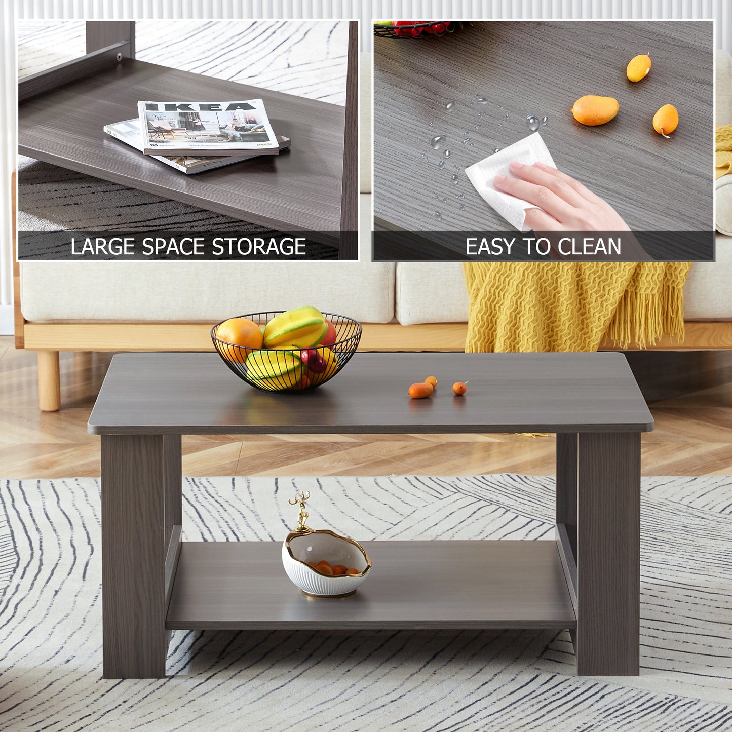 Elegant Gray Wood Grain Double Layered Rectangular Coffee Table, Perfect for Any Room