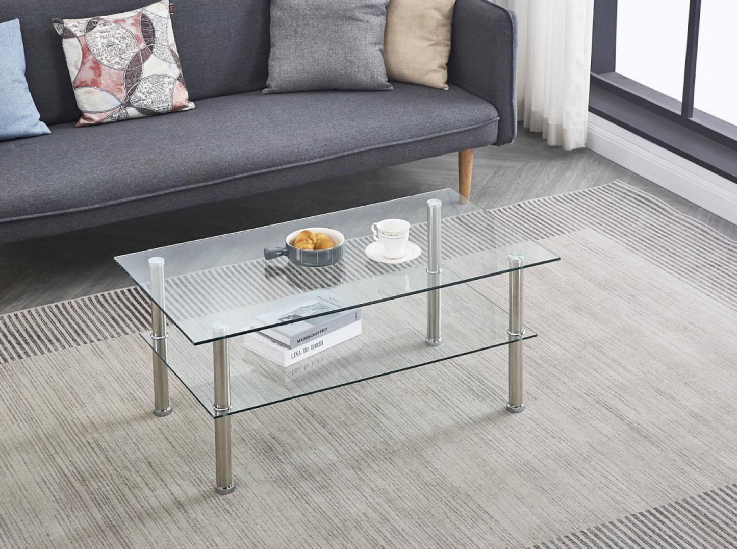 2-Tier Glass Coffee Table with Storage Shelves for Modern Living Room