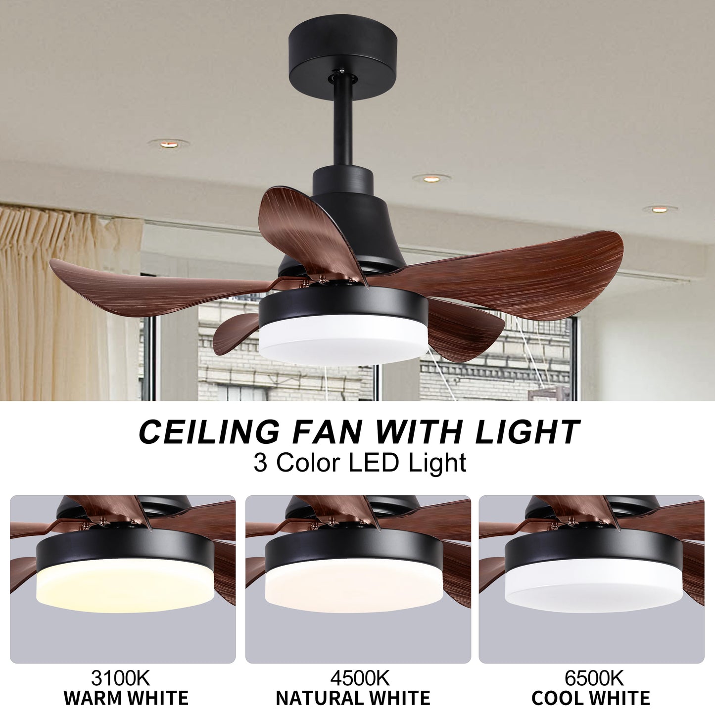 28 inch Modern Black Ceiling Fan with Remote Control and LED Light - 6 Speeds and 3 Colors