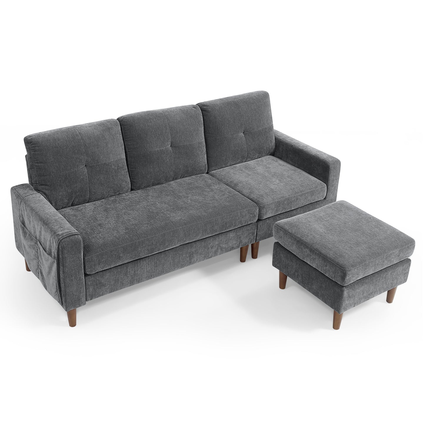 Convertible L-Shape Sectional Sofa with Removable Cushions and Ottoman, Dark Grey Chenille